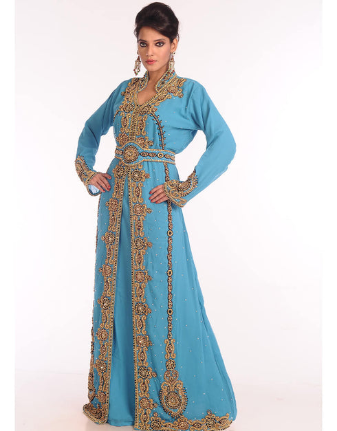 Women Blue Georgette Hand Embroidery Party Wear Kaftan